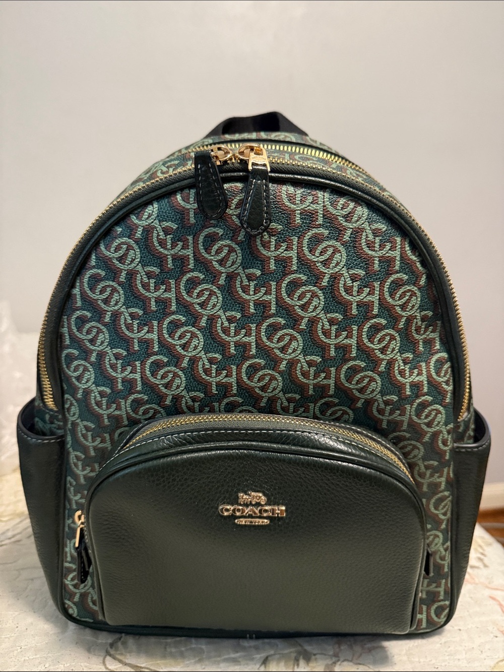 Coach Green Signature Monogram  Backpack with Gold Hardware
